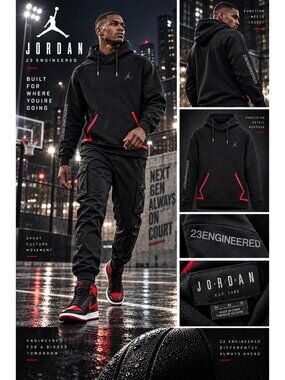 Jordan 23 Engineered Men’s M Black Pullover Hoodie Jumpman Red Trim Tech Fleece